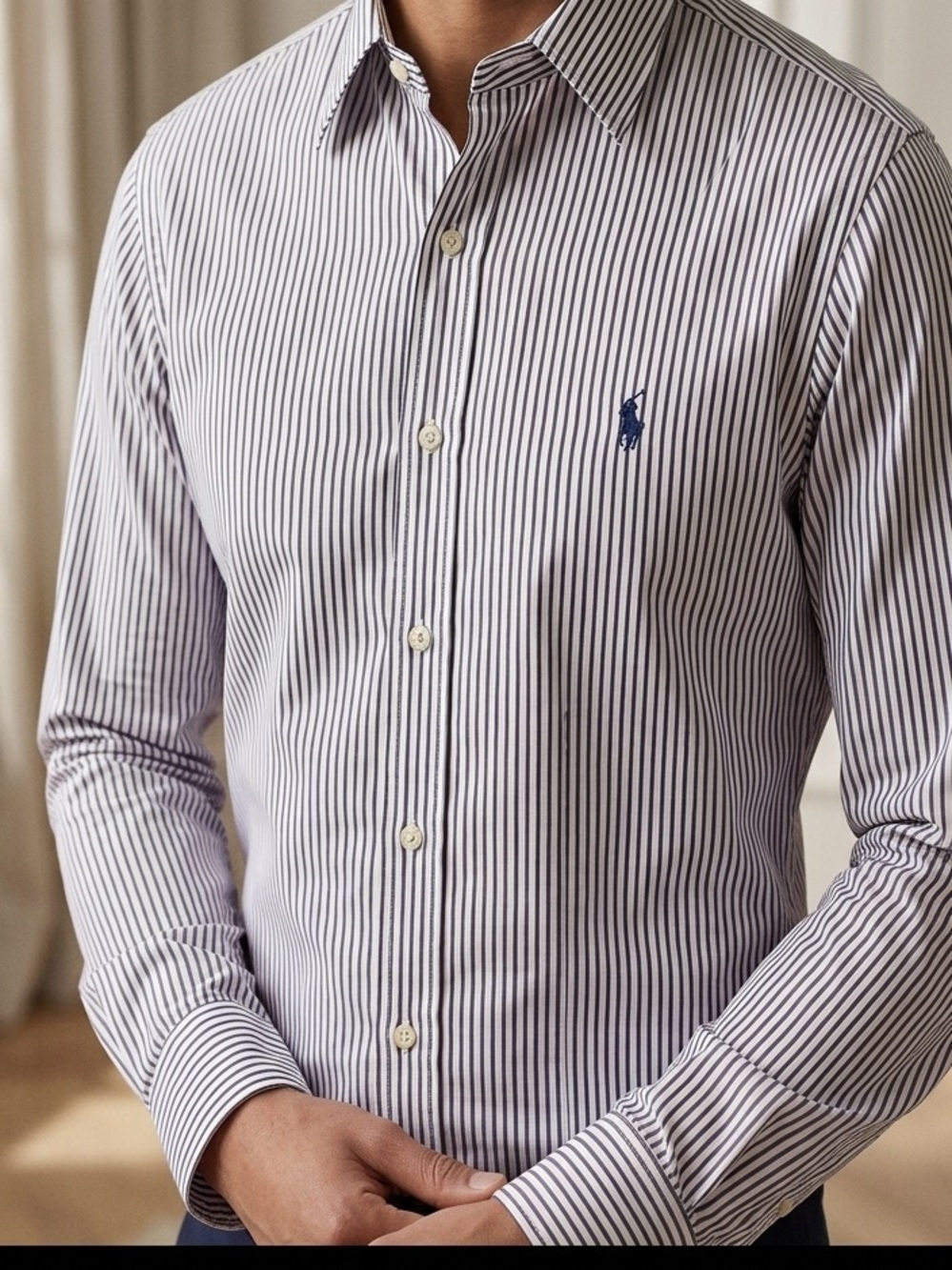 Slim Fit White & Navy Stripe Dress Shirt - Polo by Ralph Lauren  005